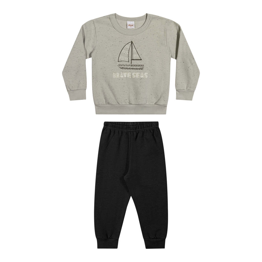 Conjunto Infantil Menino Barco Bordado Elian Cinza