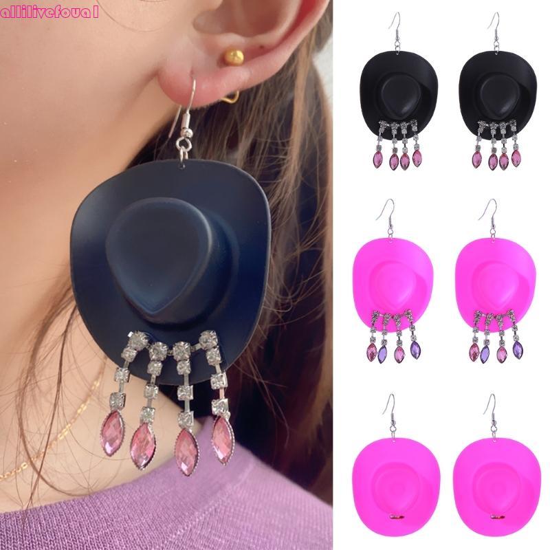 allilivefoua1 Chapéu Cowboy Strass Franja Pingente Brinco Pendurado Joia Hip Hop