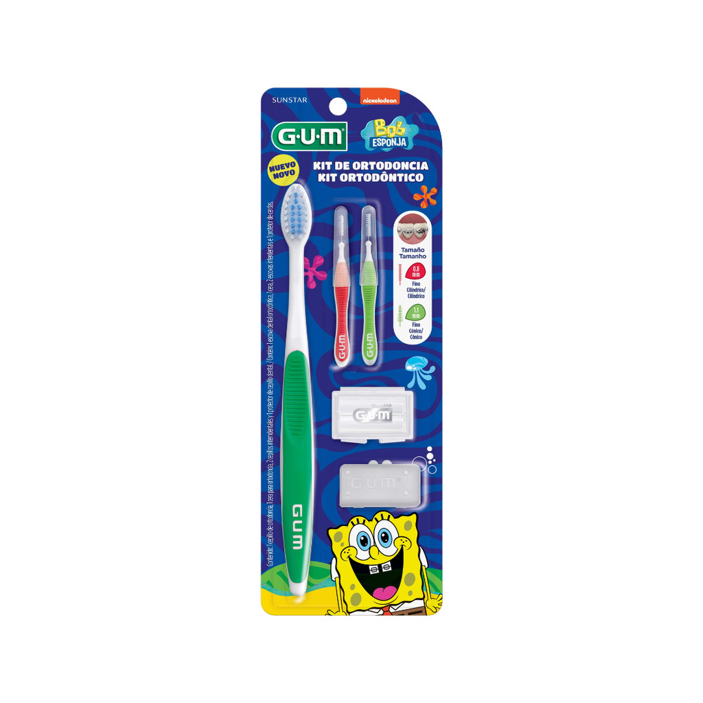 Kit Orto Bob Esponja (Escova + 2 Inter+ Cera+ Passa fio) Gum