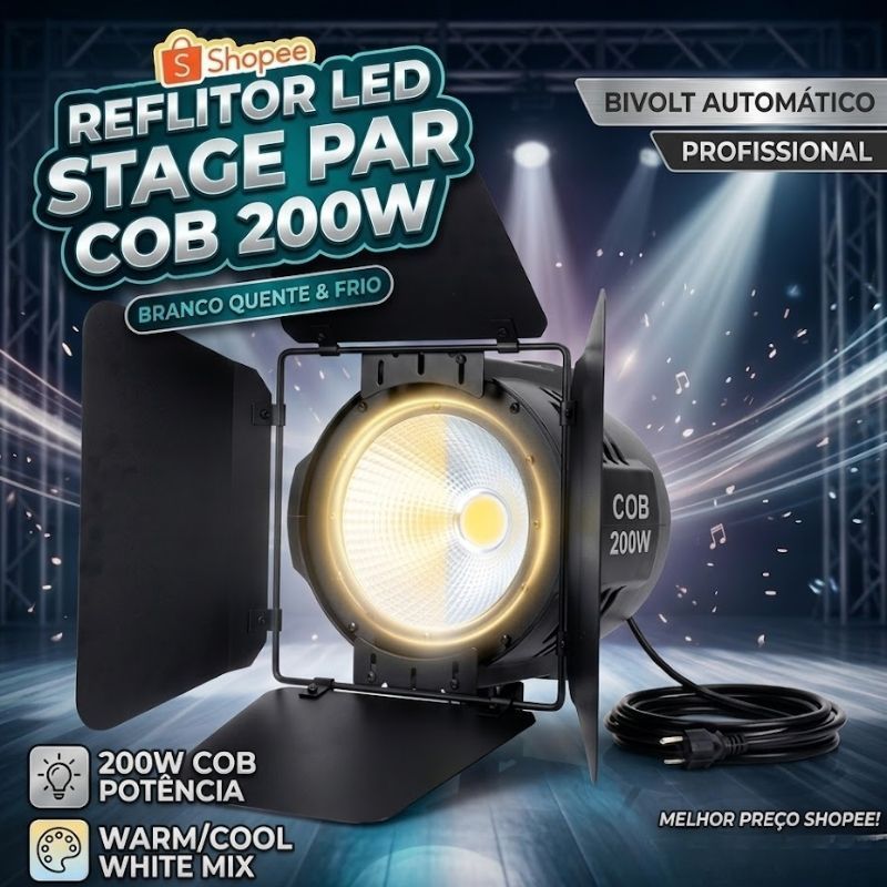 Canhão Par Led Cob 200w Dual White Bq/bf Dmx Com Barn Door