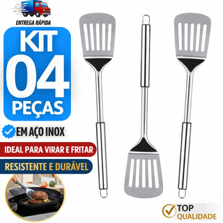Conjunto 4 Espatula Vazada de Hambúrguer Lanche Inox Utensilio  Fritura Chapeiro Lanchonetes Espátulas