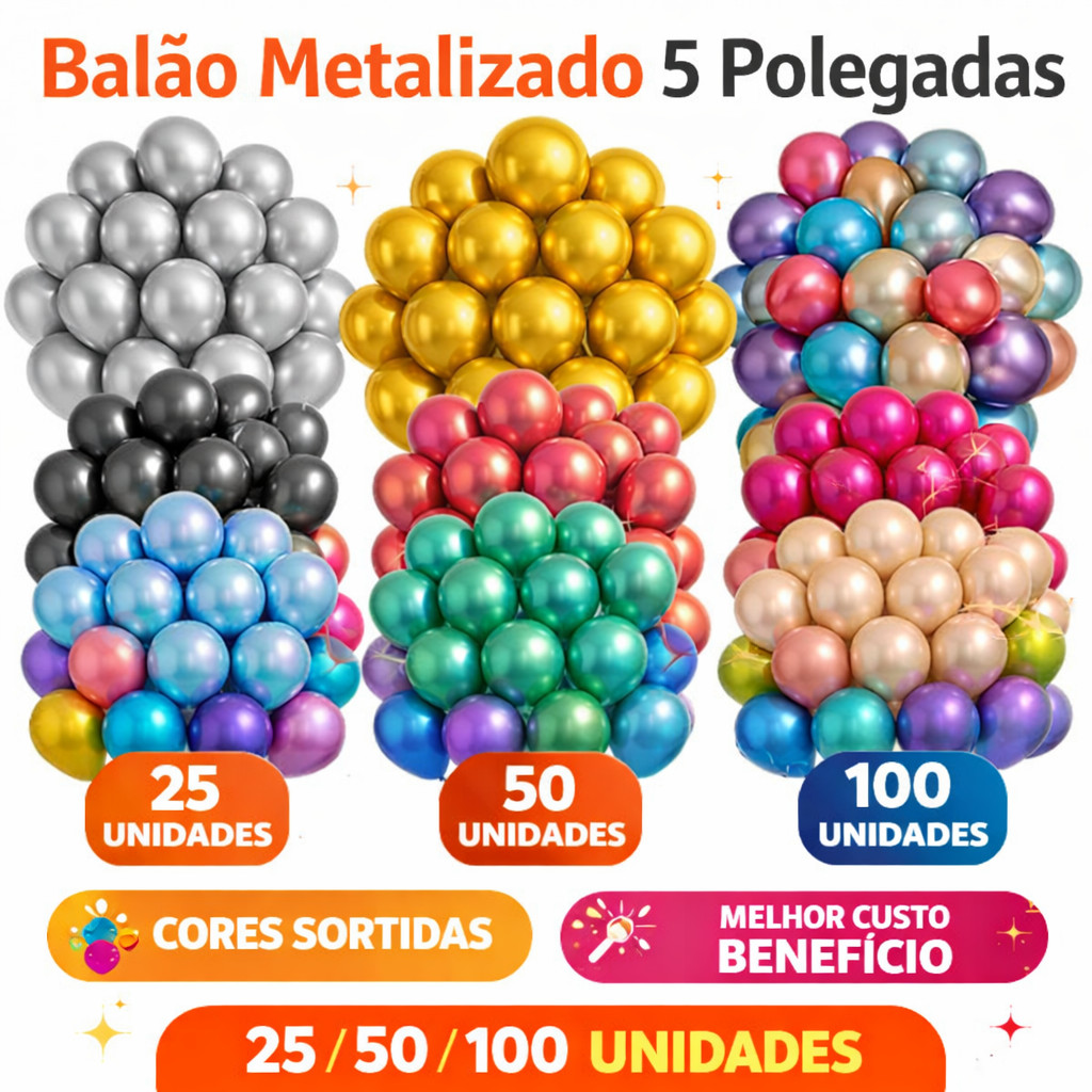 Balão Metalizado 5 Polegadas 25 50 100 Unidades Cores Sortidas Bexiga Festa Decoração Premium