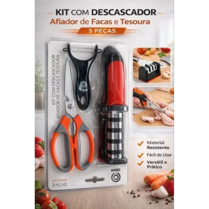 Kit Afiador de Facas Profissional + Tesoura + Descascador 3 Peças Amolador Manual Cozinha Multifuncional