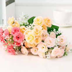[Em estoque] Buquê de rosas artificiais com 15 flores, flores falsas para centro de mesa de casamento e decoração do lar