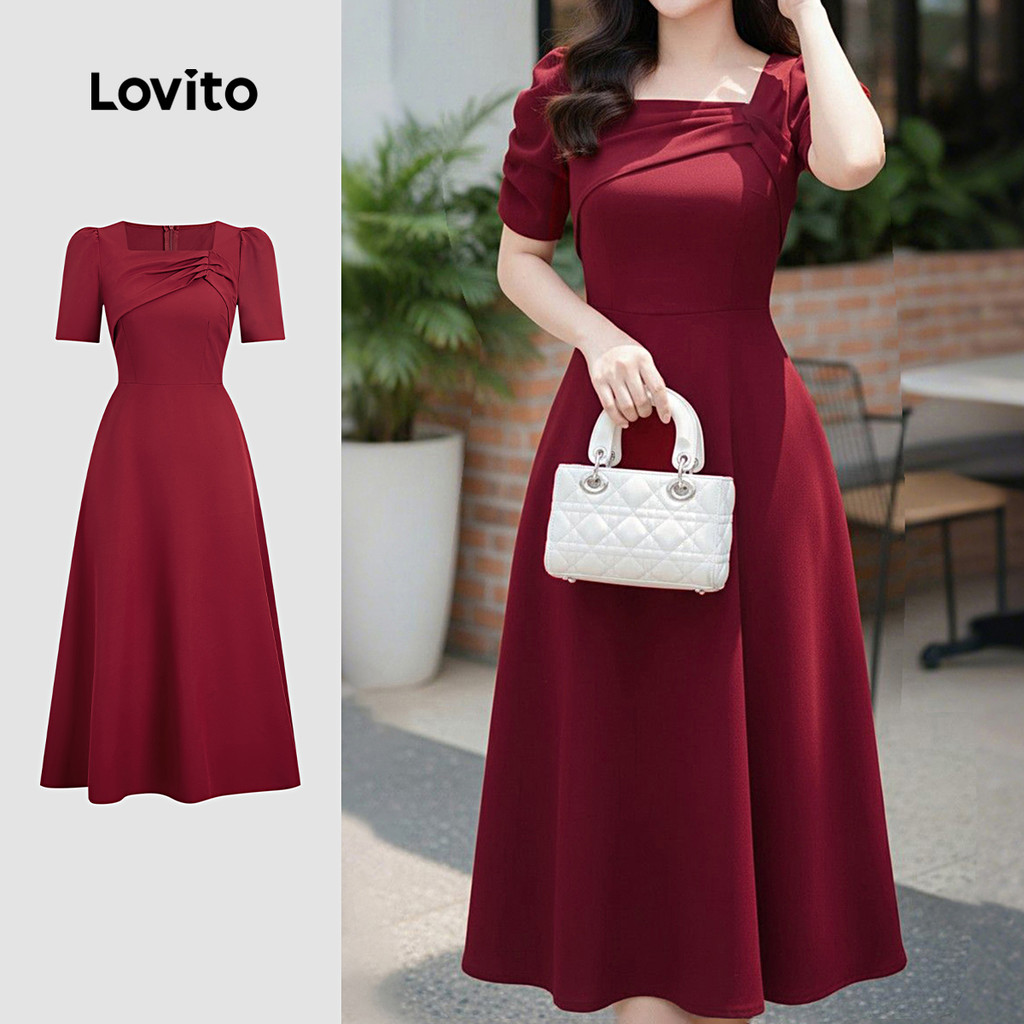 Lovito Vestido Elegante Plissado Vermelho Para Festa De Natal Primavera/verão Para Mulheres LK2LD297
