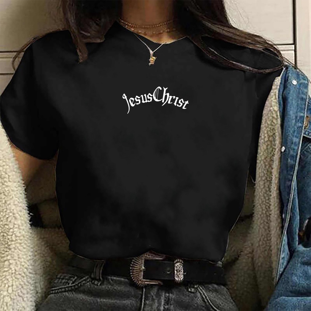 [Camiseta Premium em Algodão Puro]CC Camiseta Feminina Jesus Christ Escrita Swag Style  Blusa estampada preta de algodão