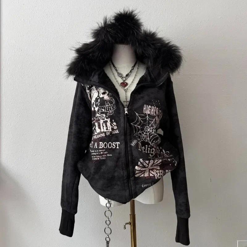 Moda Americana Nova Crânio Impressão Hoodie Feminino Y2K Vintage Rock Hip Hop Popular Casual Mais Veludo Acolchoado Cami