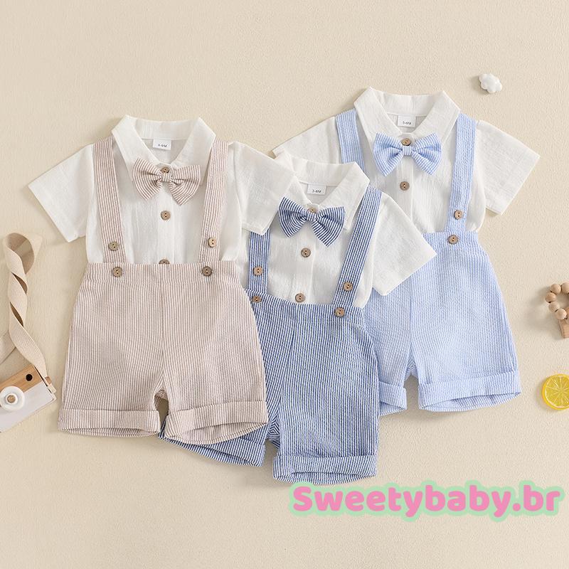 Roupa De Cavalheiro Para Bebês Meninos , Cor Sólida , Manga Curta , Lapela , Gola + Shorts Com Suspensório Listrado E Co