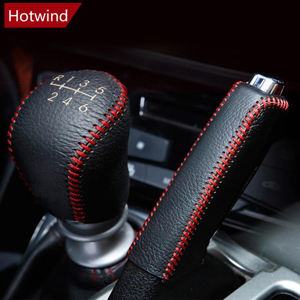 HOTWIND 2 Pçs De Couro Do Carro Engrenagem Cabeça Shift Knob Capa Coleiras Freio Mão Caso Para Hyundai Creta ix25 2018 2