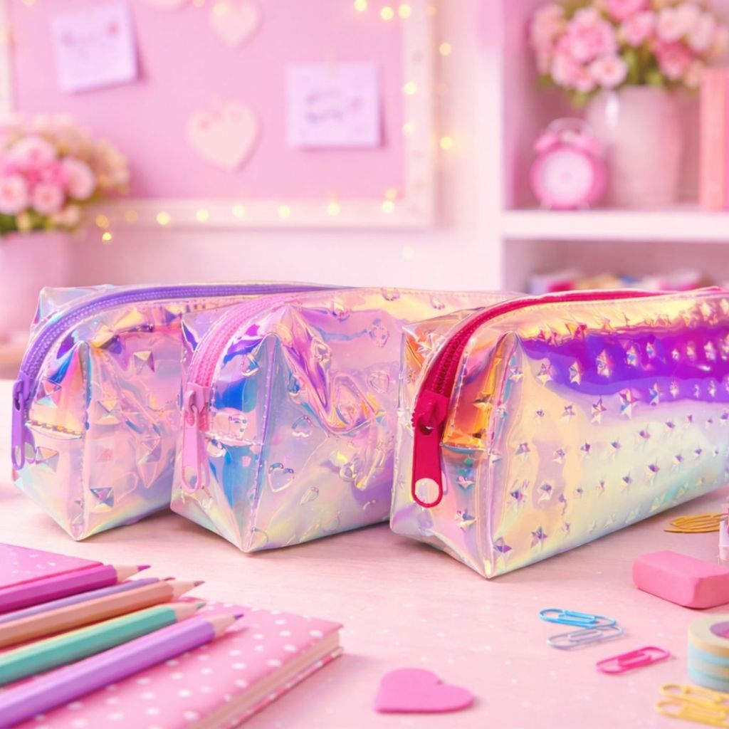 Estojo Holográfico Transparente Feminino Grande com Zíper Para Canetas Lápis e Material Escolar