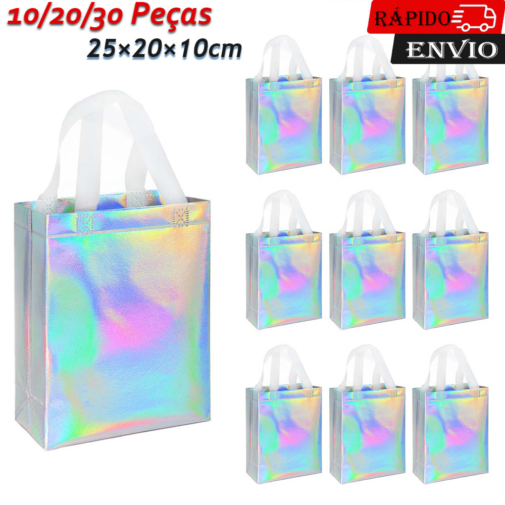 10/20/30 unidades de sacos de presente Prata com alças 25×20×10cm em sacos de presente de reutilizáveis não tecido