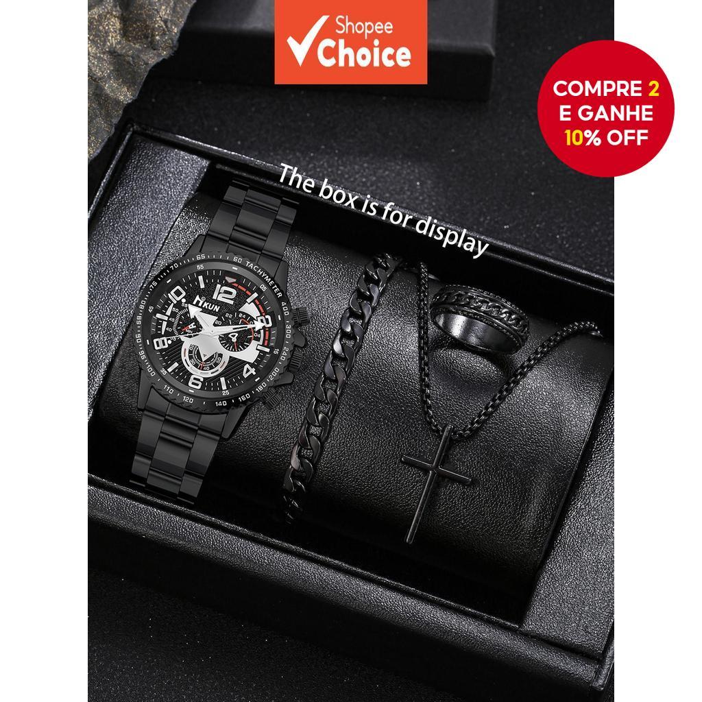 Conjunto De Joias De Relógio De Quartzo Multifuncional Masculino Com Pulseira De Corrente Cubana Colar Cruzado Design Ex em Oferta na Shopee