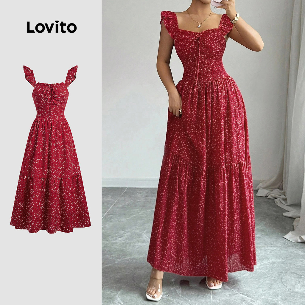 Lovito Vestido Casual De Festa Vermelho Com Cadarço Modelo Bordô Para Primavera/verão L167LD036 em Oferta na Shopee