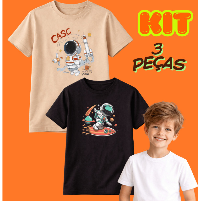 KIT 3 Blusas Infantil Masculino Menino Duas Estampadas e Uma Lisa Camiseta 100% Algodão Confortável