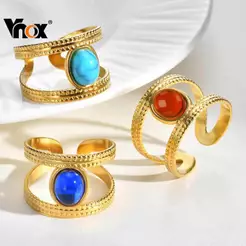 Anel Aberto De Camada Dupla De Pedra Robusta Vintage Vnox Para Mulheres E Meninas , Joias Elegantes Boêmias Banhadas A O