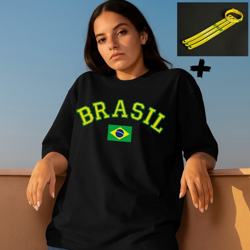 Kit Camiseta Feminina Brasil Copa Do Mundo 2026 Pulseira Silicone Torcida Seleção Brasileira Camisa Tecido 100% Algodão