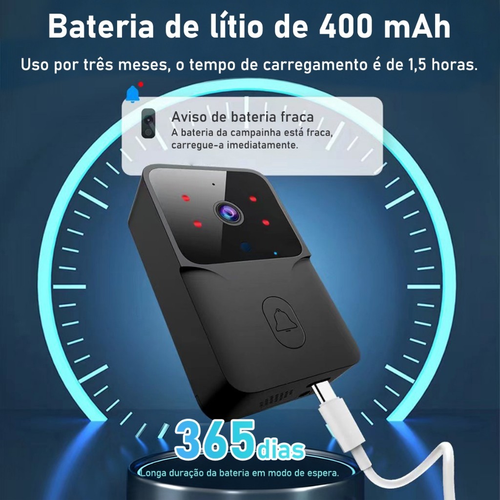 Campainha Inteligente Sem Fio Com Camera Video Porteiro Wi-Fi Monitoramento Pelo Celular Bateria Recarregavel USB