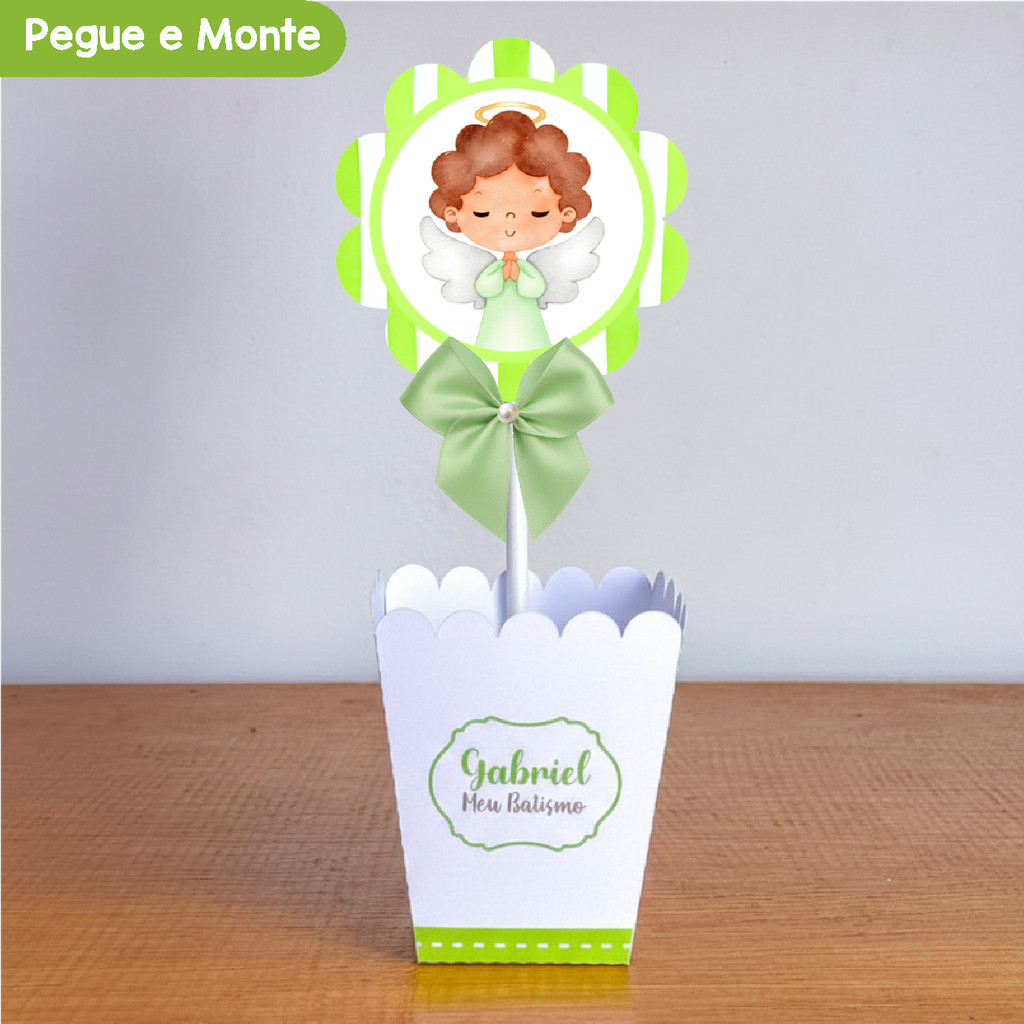 Centro de Mesa Cachepô Batizado Verde Batismo Menino | Cachepot | Personalizados | Lembrancinhas | (Pegue e Monte)