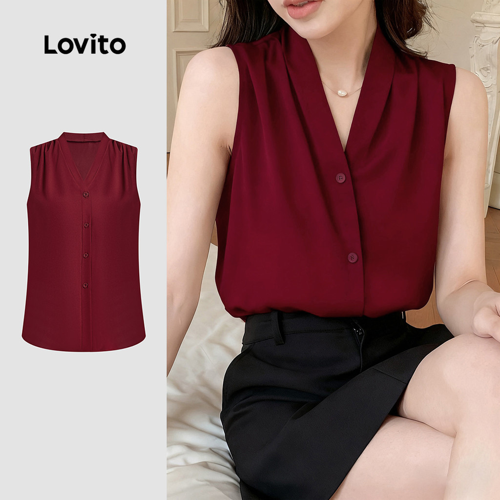 Lovito Blusa Casual De Botões Na Cor Vinho Para Primavera/verão LK2ED819 em Oferta na Shopee