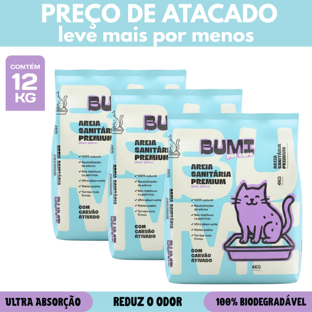Kit com 3 Areia Sanitária Biodegradável Esmectita com Carvão Ativado 4kg Bumi Pet Care
