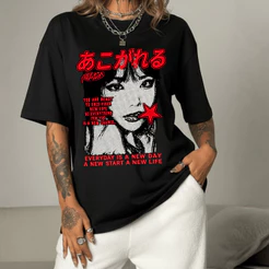 Camiseta Feminina Y2K 100% Algodão Larga Blusa Anime Oriental Geek Unissex T-shirt Sleeved