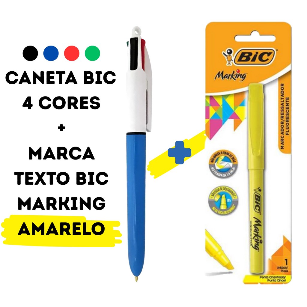 Kit Caneta Bic 04 Cores + Marca Texto BIC Marking Amarela - Qualidade reconhecida da BIC