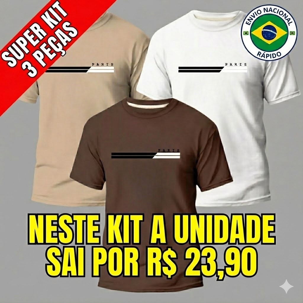Kit 3 Camisas Masculinas 100% Algodão Premium Conforto Moda Casual Street Paris ||