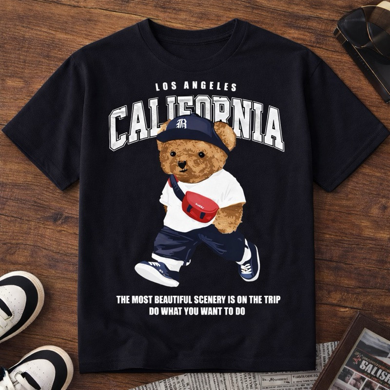 Camiseta Infantil Urso California Masculina Casual Camiseta Estampada 100% Algodão