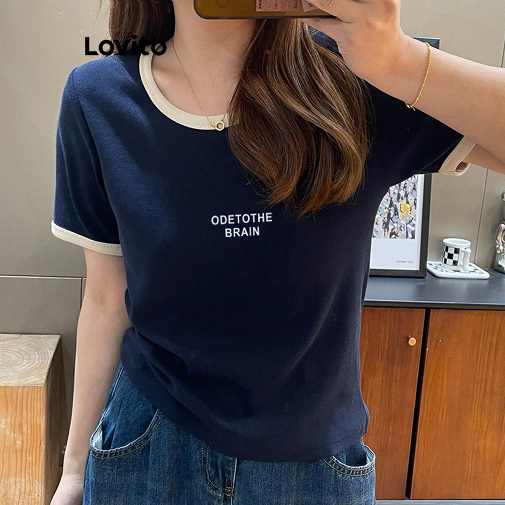 Lovito Camiseta Elegante Com Letras Colorblock Para Mulheres LNE71421 em Oferta na Shopee