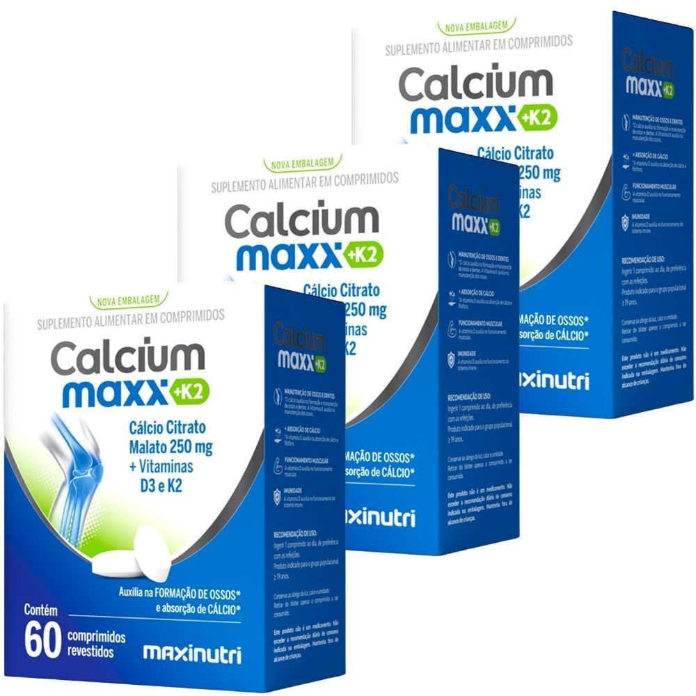 KIT 3X CALCIUM MAXX K2 ( Cálcio Citrato Malato + Vitaminas D3 e K2) 60 comprimidos - Maxinutri