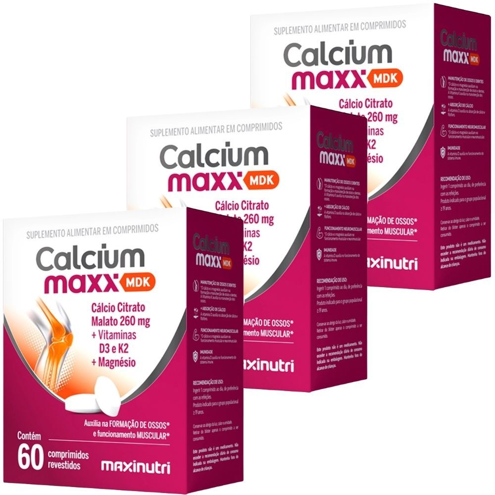 KIT 3X CALCIUM MAXX MDK ( Cálcio Citrato Malato + Magnésio + Vitaminas D3 e K2) 60 comprimidos - Maxinutri