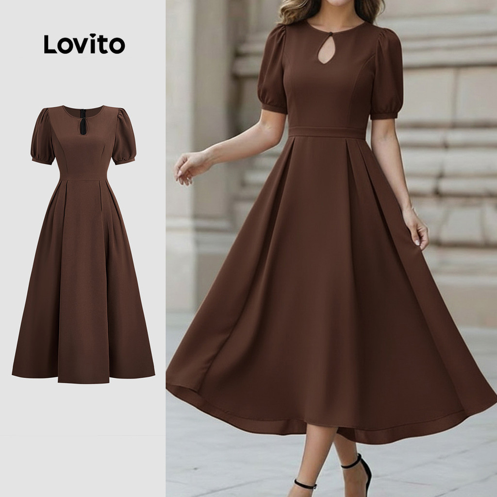 Lovito Vestido elegante recortado com zíper primavera/verão vestido marrom para mulheres LBL32232 em Oferta na Shopee