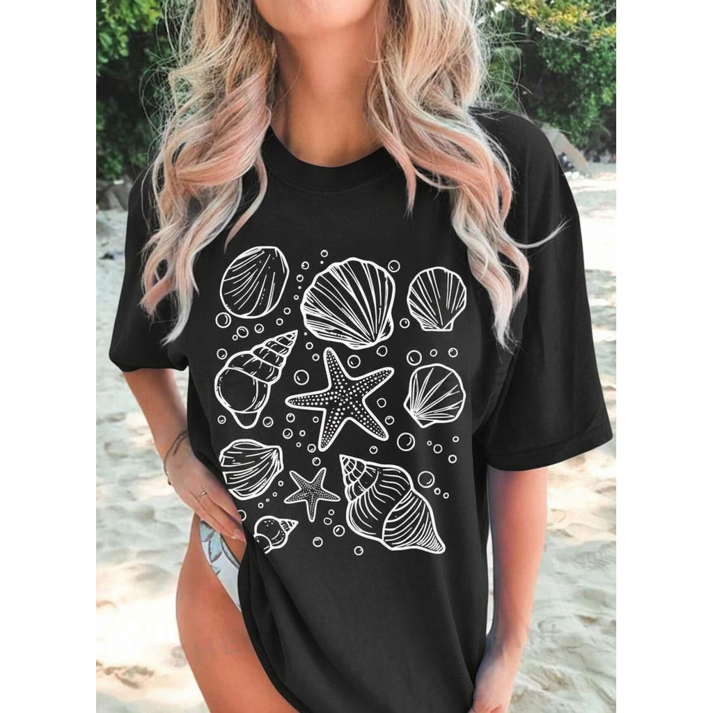 Camiseta Feminina Com Estampa De Concha Praia Qualidade Alta Tecido Premium Envio Imediato Amaruh