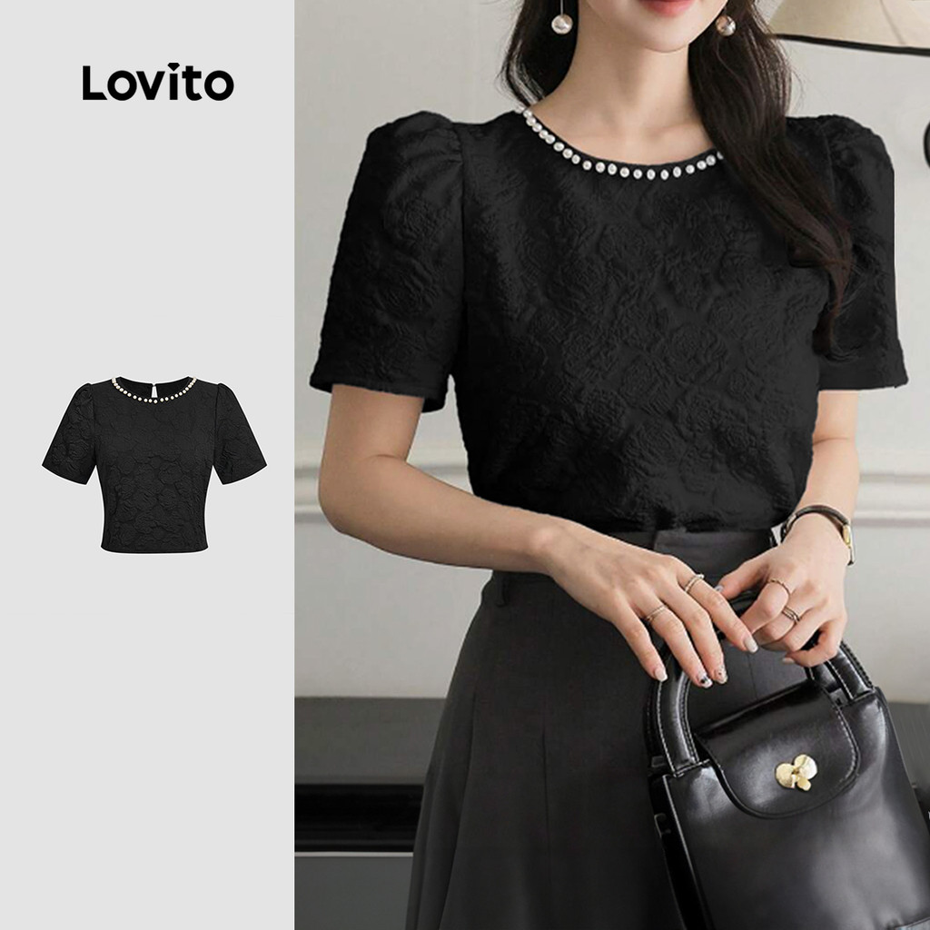 Lovito Blusa Preta Elegante Com Pérolas Lisas Em Jacquard Primavera/verão Para Mulheres L135A2D097