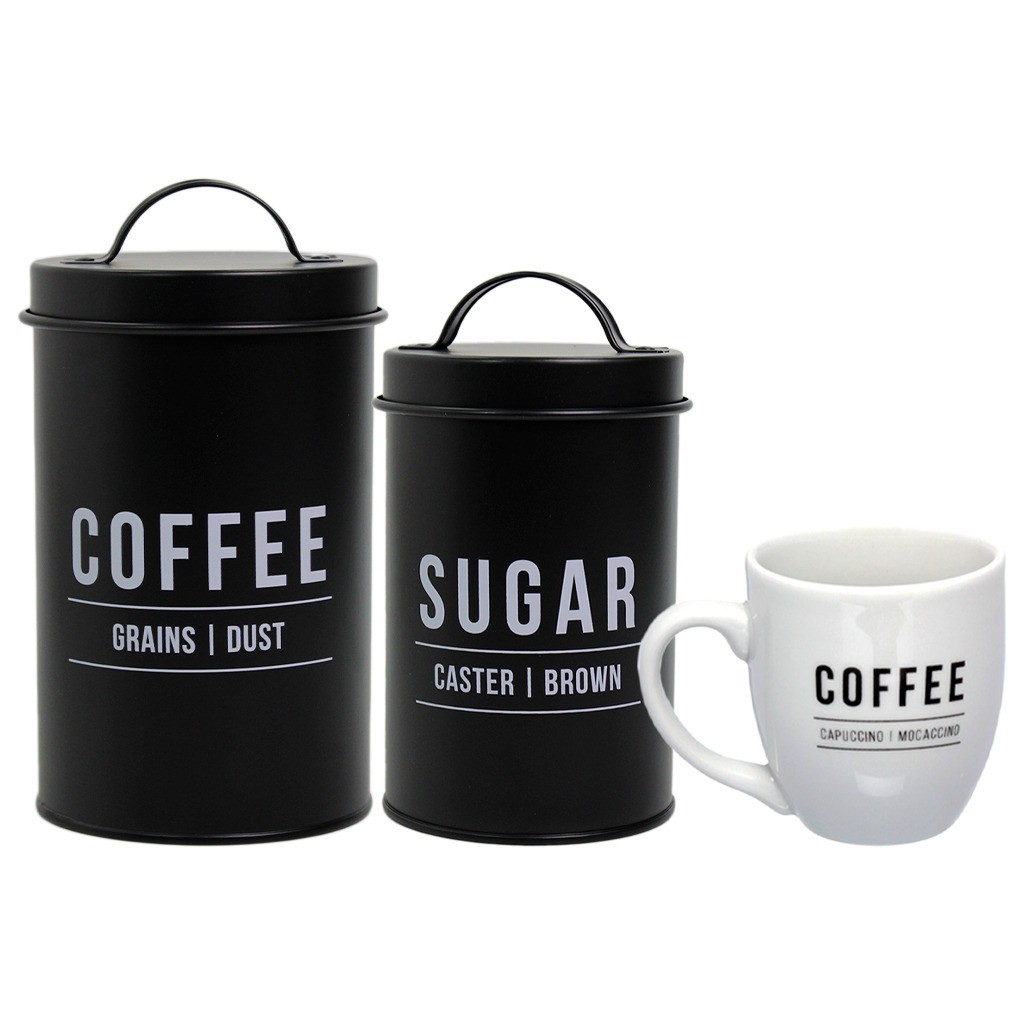 Caneca 300ml De Porcelana Branco + Conjunto de Potes Café & Açúcar Preto