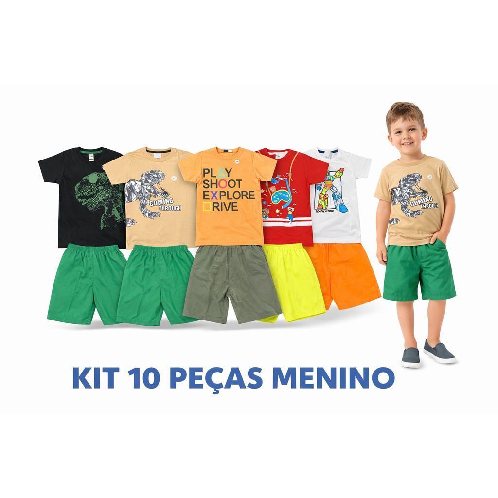 Kit Sortido Interativo 10 Peças de Roupas Infantil Menino Verão (5 Camisetas + 5 Bermudas Muda Estampa) Kit 5 Conjuntos