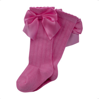 Meia 3/4 Joelho Lisa Laço Cetim Menina Feminino Rosa Pink Festa Batizado Formatura Meias Pimpolho