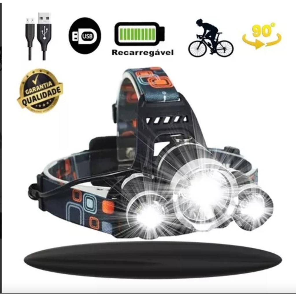 Lanterna Cabeça 3 Leds Fort Capacete Recarregável Profissional Cor da luz Preto Grande