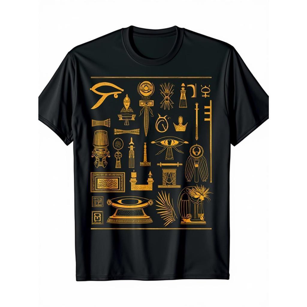 Camiseta Vintage Masculina com Hieróglifos Egípcios - Camiseta Grossa com Símbolos da Antiga Egito (Ankh, Olho