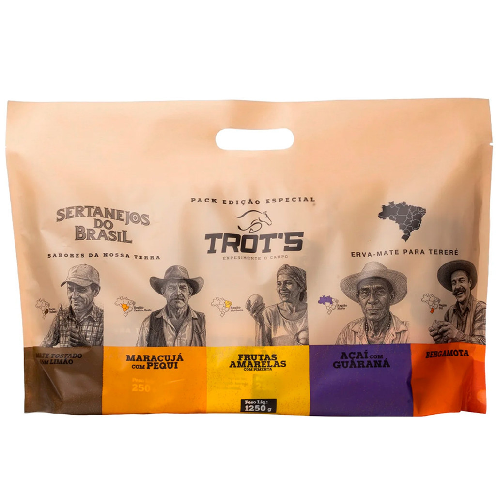 Kit 5 Erva Mate Trot's Sertanejos 1,25kg: Açaí, Frutas Amarelas, Maracujá Pequi, Mate Limão e Bergamota. Edição Limitada