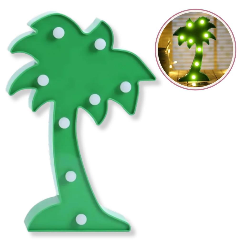 Coqueiro LED Festa Tropical Abajur Luminária a pilha Verde 26 cm Luz Amarela