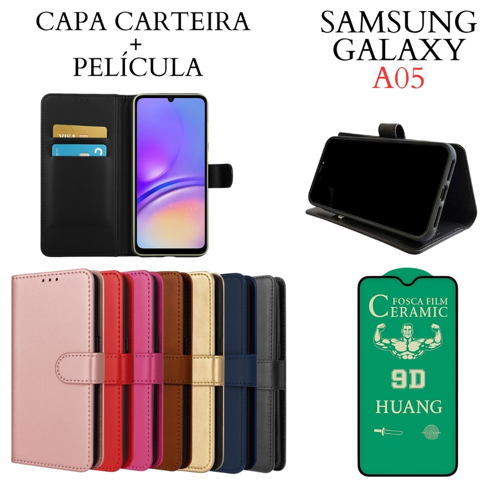 Capa Capinha Carteira + Película de Cerâmica Para Samsung Galaxy A05