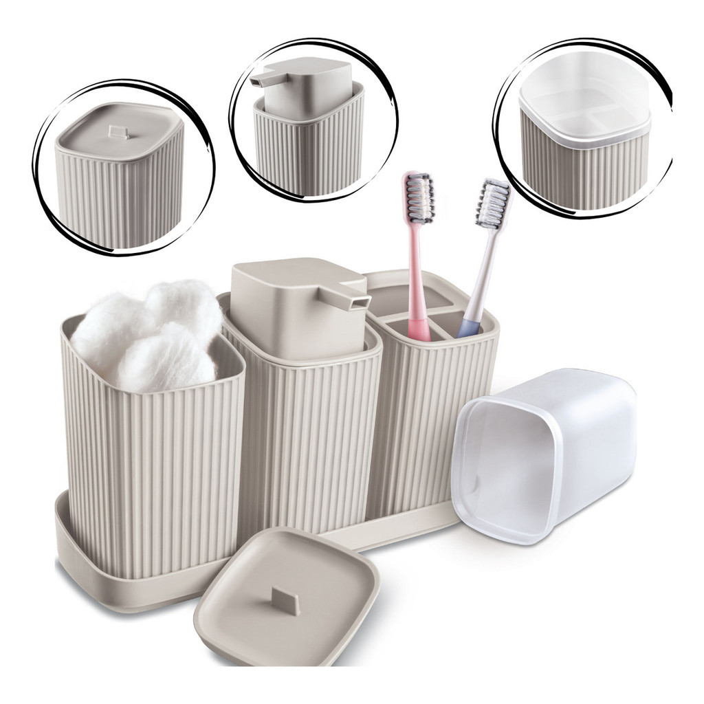 Kit Para Banheiro Com 3 Peças Dispenser Porta Algodão Escova Cor Cinza