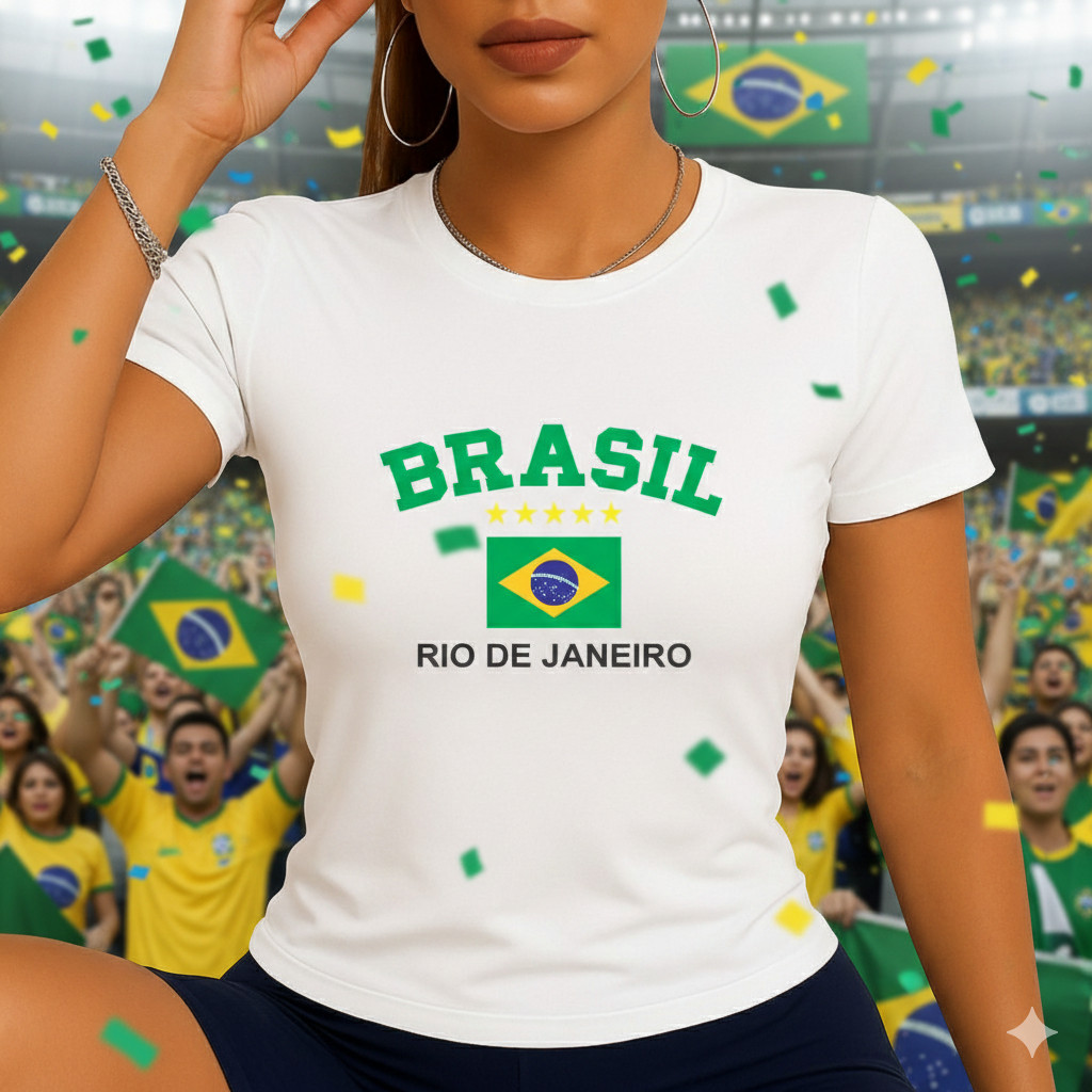 Camiseta FemininaT-shirt Brasil Bandeira Copa do Mundo Torcedora Futebol - ENVIO RAPIDO