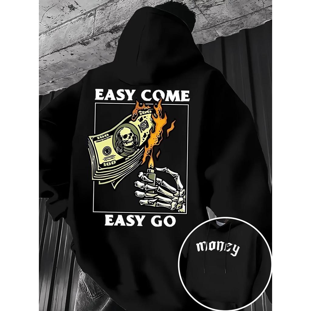 Blusa Casaco Moletom Frio Canguru Bolso Capuz Streetwear Casual Masculino Unissex Estampa Easy Go Dolar Dinheiro Fogo