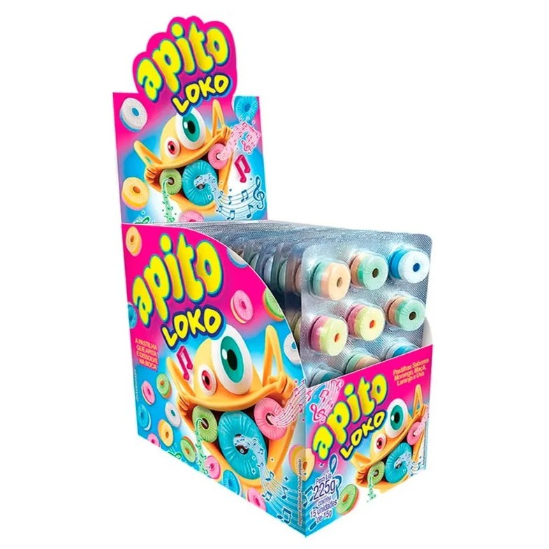 Apito Loko Pastilha Morango Maçã Laranja Uva Que Apita 15un em Oferta na Shopee