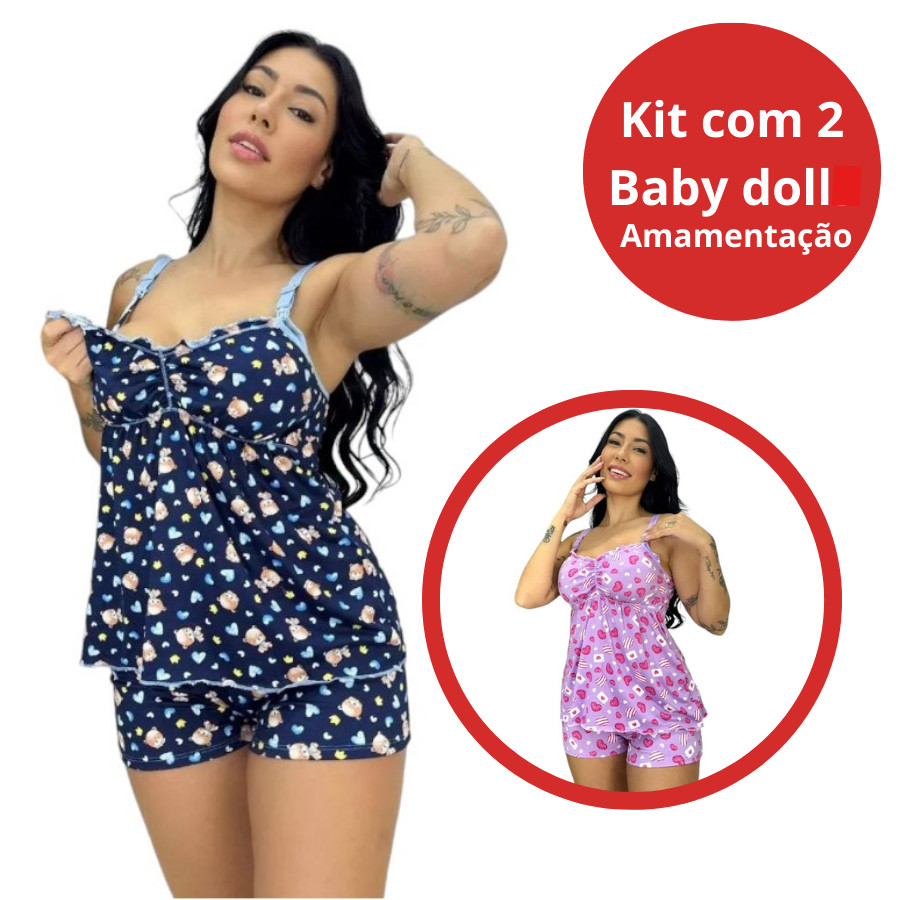 Kit 2 Baby Doll Amamentação Gestante pós parto Click Abre Fácil