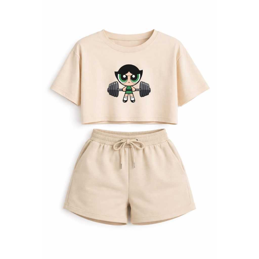 Conjunto Cropped Oversized e short Feminino Blusa Algodão Casual Super Poderosa