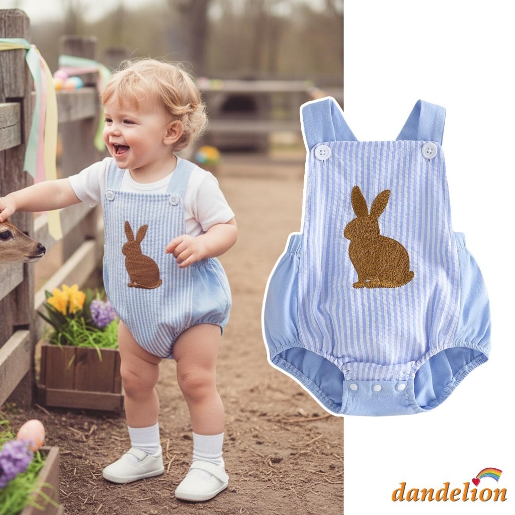 Macacão Infantil De Páscoa Para Meninos , Listrado Sem Mangas Com Bordado De Coelho Fofo E Elegante