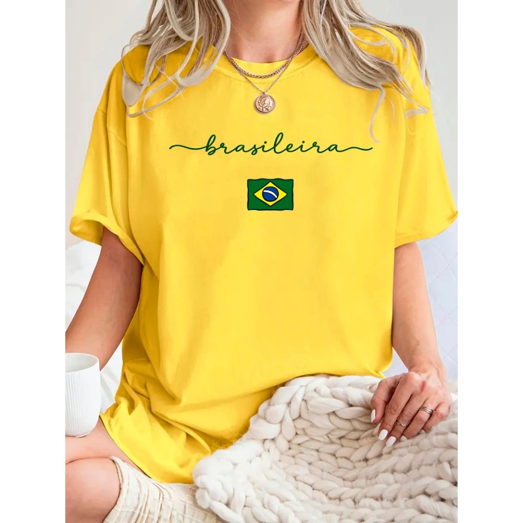 Camiseta Feminina Brasileira  Minimalista Algodão Copa Brasil Moda 2026 Brasileira Estilo Trend camiseta do brasil